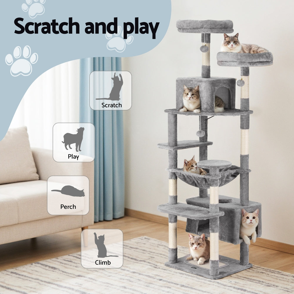 i.Pet Cat Tree 184cm Tower Scratching Post Trees Scratcher Condo House Light Grey