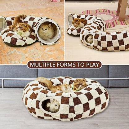 Cat Tunnel Bed with Washable Cushion for Indoor Cat, Donut Cave Tube Toys for Kitten Puppy Rabbit - Purple - Size 33.5in