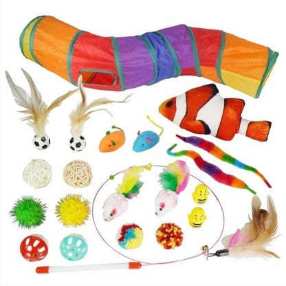 21-Piece Cat Toys Set,Interactive Tunnel,Balls,Mice,Feather Wands,Catnip Toys(Rainbow Cat Tunnel)