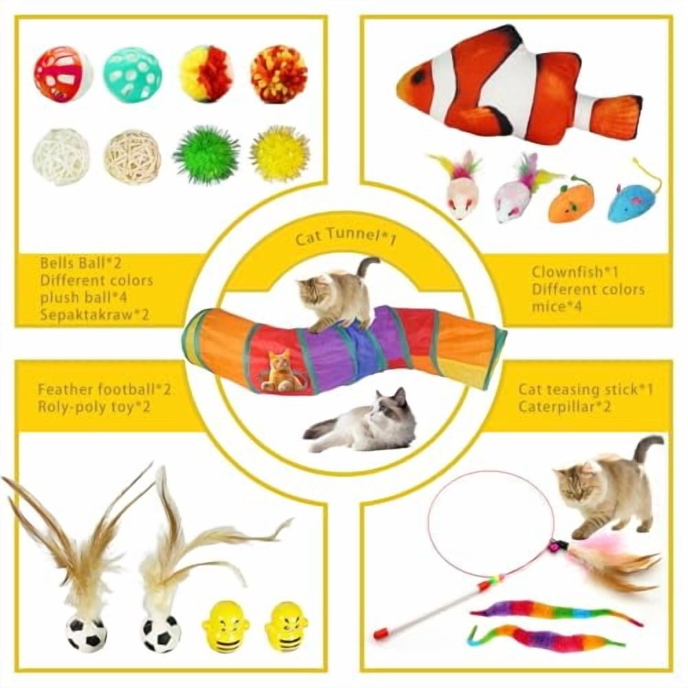 21-Piece Cat Toys Set,Interactive Tunnel,Balls,Mice,Feather Wands,Catnip Toys(Rainbow Cat Tunnel)