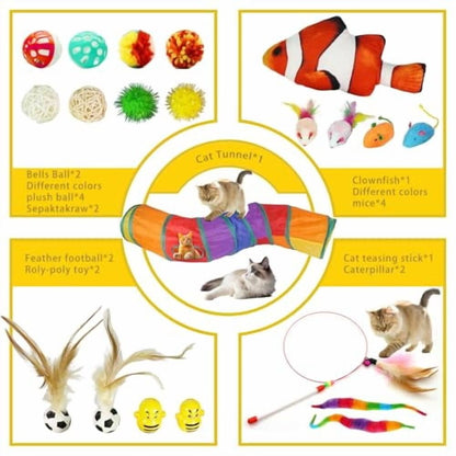21-Piece Cat Toys Set,Interactive Tunnel,Balls,Mice,Feather Wands,Catnip Toys(Rainbow Cat Tunnel)