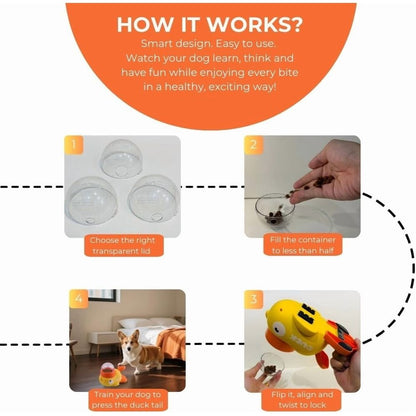 Duck Cat Treat Dispenser, Anti-Slip Interactive Slow Feeder Puzzle Toy for Dogs & Cats with 3 Challenge Lids to Train Problem-Solving Skills and IQ Training