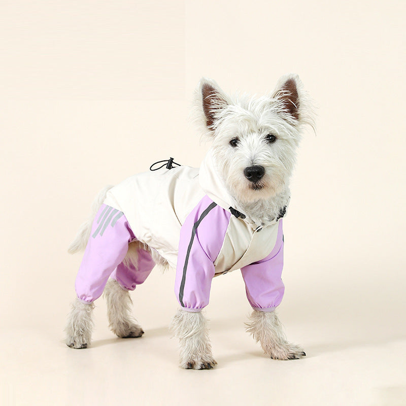 Colorblock (White Purple) Dog Raincoat - Waterproof with Hood and Reflective Strips (Size L)
