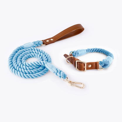 Premium Leather Pet Collar and Leash - Soft, Strong Braided Rope (Sky blue - Size M)