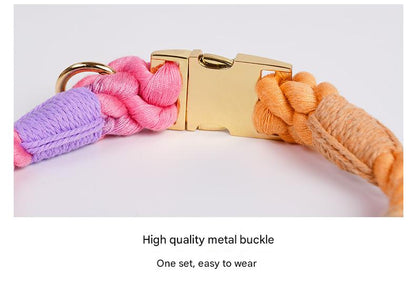 Handmade Rope Dog Collar and Leash Set - Colorful Woven Cotton Cotton (Leather pink - Size S)