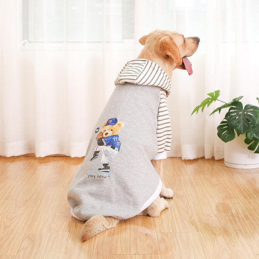 Autumn/Winter Dog Clothes - Grey Hoodie with Striped Hood & Baseball Bear (Size - 5XL)