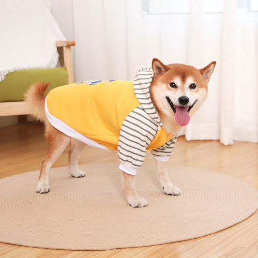 Autumn/Winter Dog Clothes - Yellow Hoodie with Striped Hood & Baseball Bear (Size - 5XL)