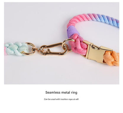 Handmade Rope Dog Collar and Leash Set - Colorful Woven Cotton Cotton (Leather pink - Size M)