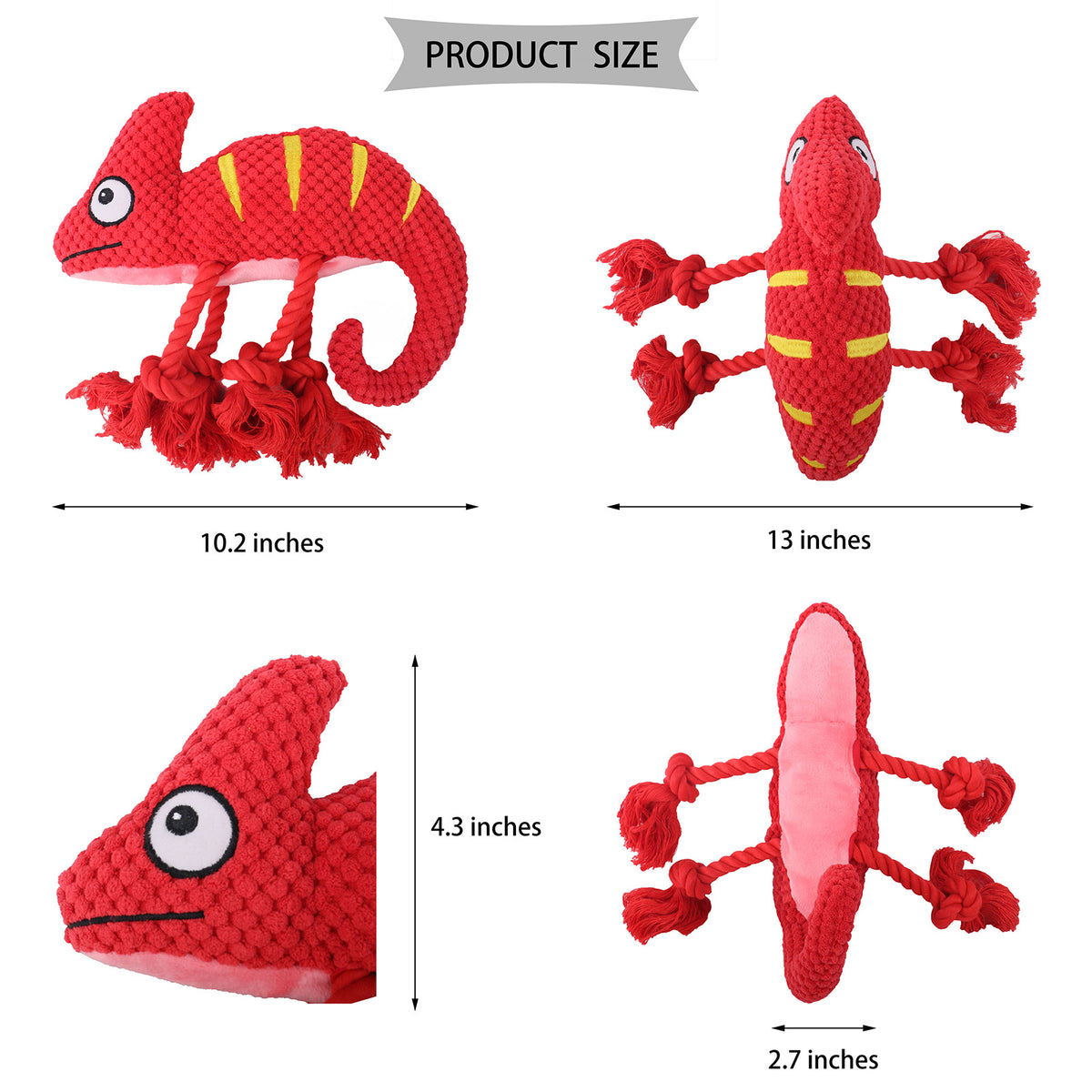 2 Pcs Purple Interactive Plush Chameleon Dog Toy with Squeaker & Rope Legs - Durable Chew Toy for Medium/Large Dogs, Teeth Cleaning Texture, Machine Washable (10.2in)