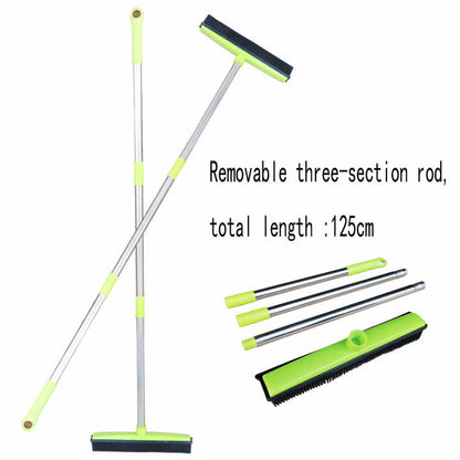 Blue and Silver Versatile Pet Hair Remover Rubber Broom & Squeegee - 125cm Adjustable Stainless Steel Handle for Carpets, Floors & Windows
