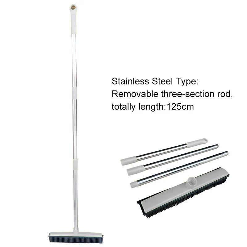 Light Grey and Silver Versatile Pet Hair Remover Rubber Broom & Squeegee - 125cm Adjustable Stainless Steel Handle for Carpets, Floors & Windows