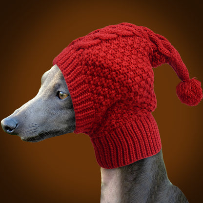 Size M Red Whimsical Knit Dog Hat with Pom-Pom - Cozy Winter Pet Beanie & Snood
