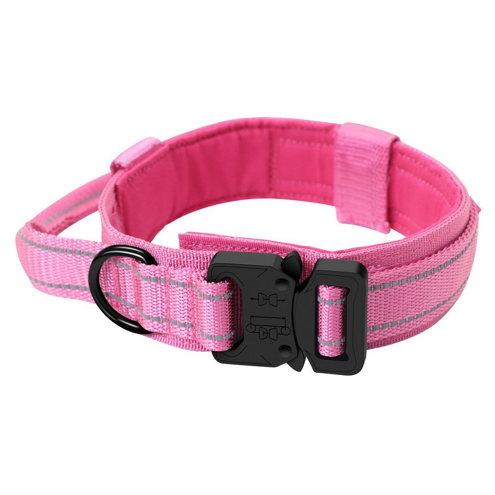 L Pink Tactical Dog Collar - Heavy Duty Nylon Pet Collar for Medium & Large Dogs, Adjustable (3.8cm Width)