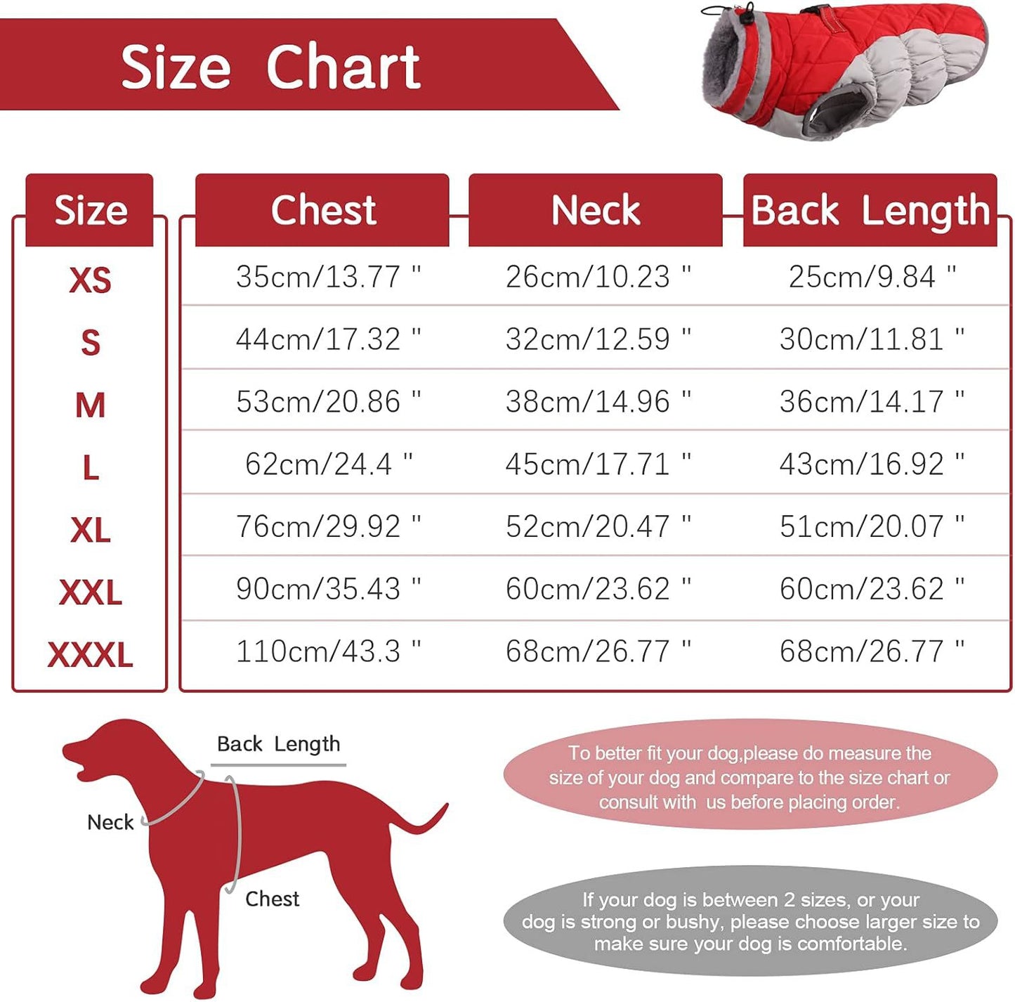 L Red Grey Premium Winter Puffer Dog Coat - Windproof & Fleece-Lined Jacket for Cold Weather