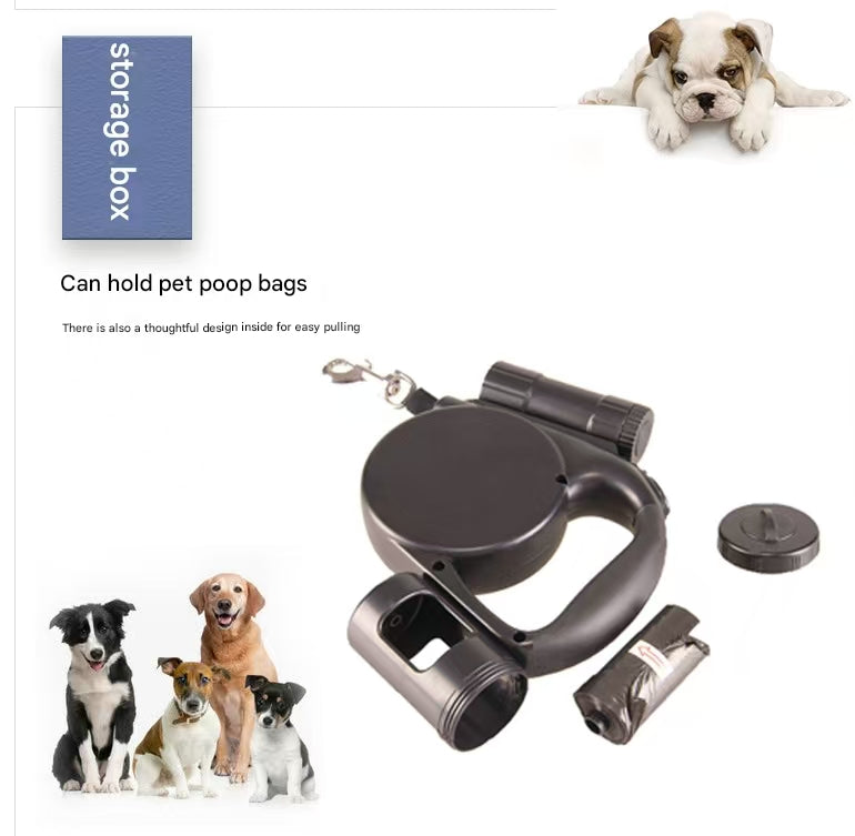 Grey 3-in-1 Retractable Dog Leash with LED Flashlight & Poop Bag Dispenser | Heavy Duty Tangle-Free Leash for Safe Night Walks