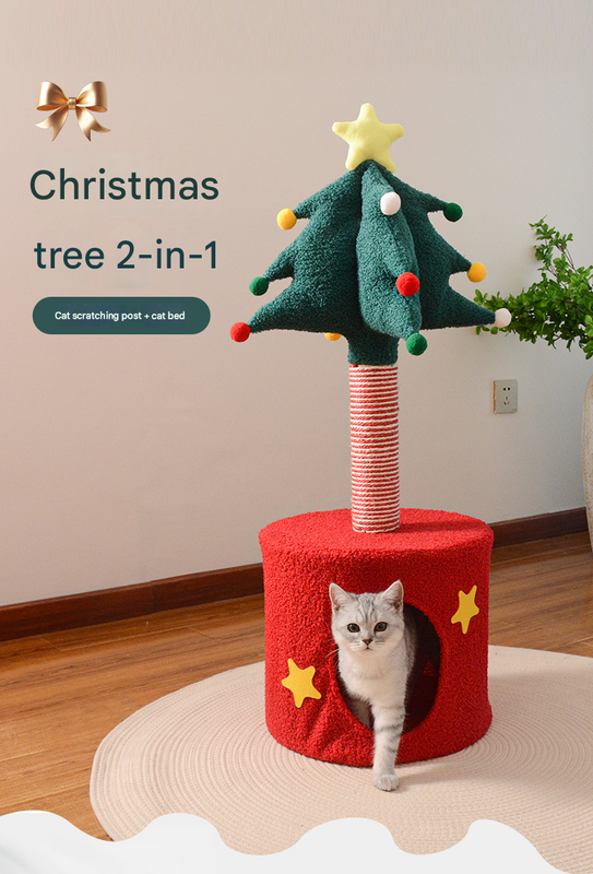 Festive Christmas Tree Cat Scratcher & Condo | 2-in-1 Sisal Post with Cozy Hideaway Bed