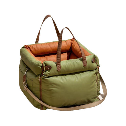 Green and Orange Premium Plush Pet Booster Car Seat - Portable Dog Travel Bed with Non-Slip Base