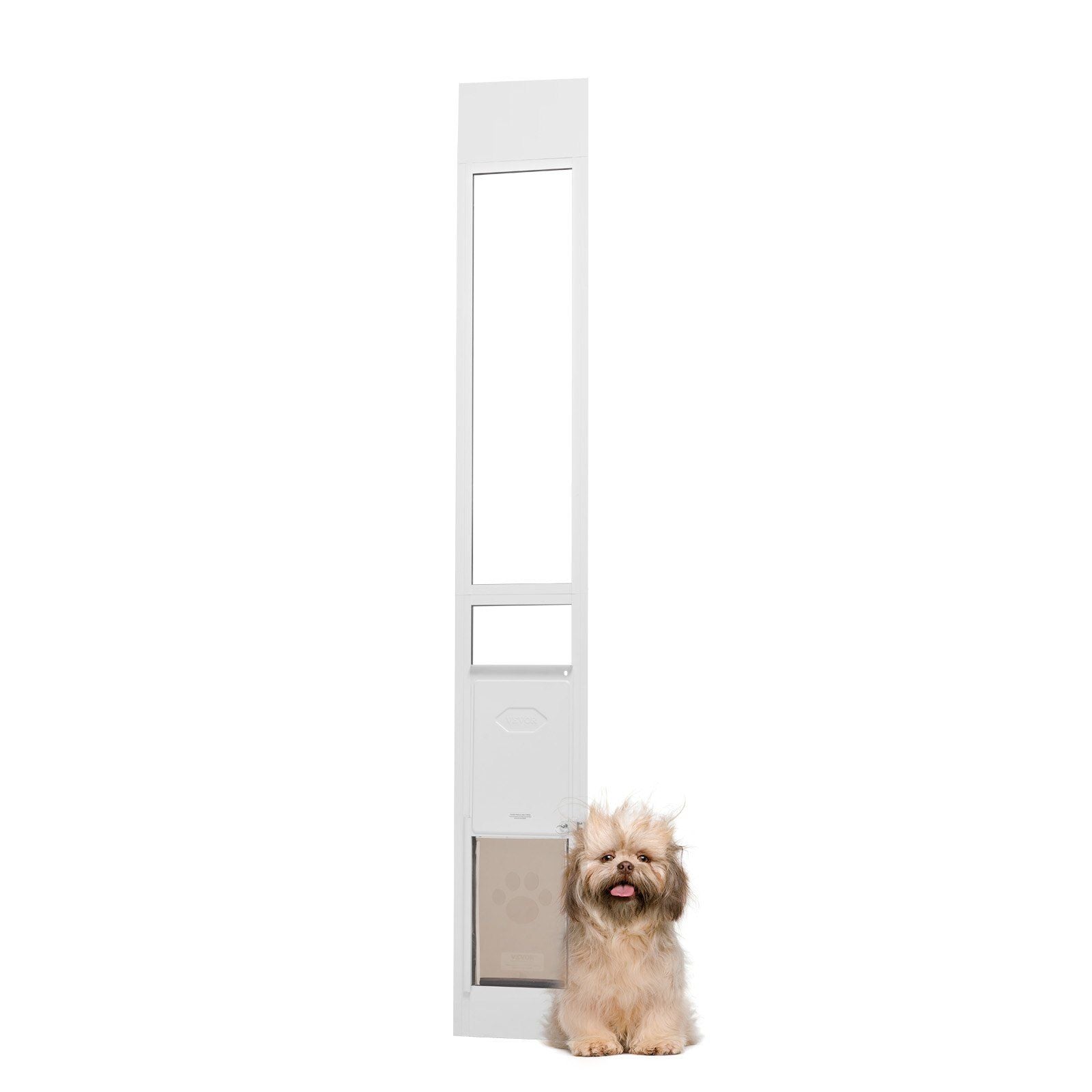 Dog Door for Sliding Glass Door, 75 7/8"-80 11/16" Adjustable Height Doggy Door for Sliding Doors, Aluminum Frame Tempered Glass Pet Door with Hinge Structure Flap and Lock for Small-Sized Dogs