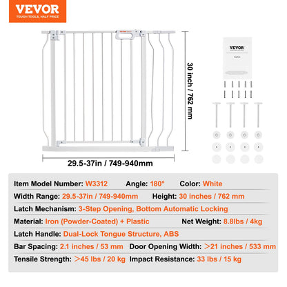 Dog Gate, 749-990 mm Extra Wide, 762 mm High, Dog Gate for Stairs Doorways and House, Easy Step Walk Thru Auto Close Child Gate Pet Security Gate with Pressure Mount Kit & Wall Mount Kit, White