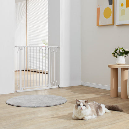 Dog Gate, 749-990 mm Extra Wide, 762 mm High, Dog Gate for Stairs Doorways and House, Easy Step Walk Thru Auto Close Child Gate Pet Security Gate with Pressure Mount Kit & Wall Mount Kit, White