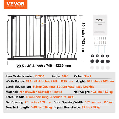 Dog Gate, 749-1229 mm Extra Wide, 762 mm High, Dog Gate for Stairs Doorways and House, Easy Step Walk Thru Auto Close Child Gate Pet Security Gate with Pressure Mount and Wall Mount Kit, Black