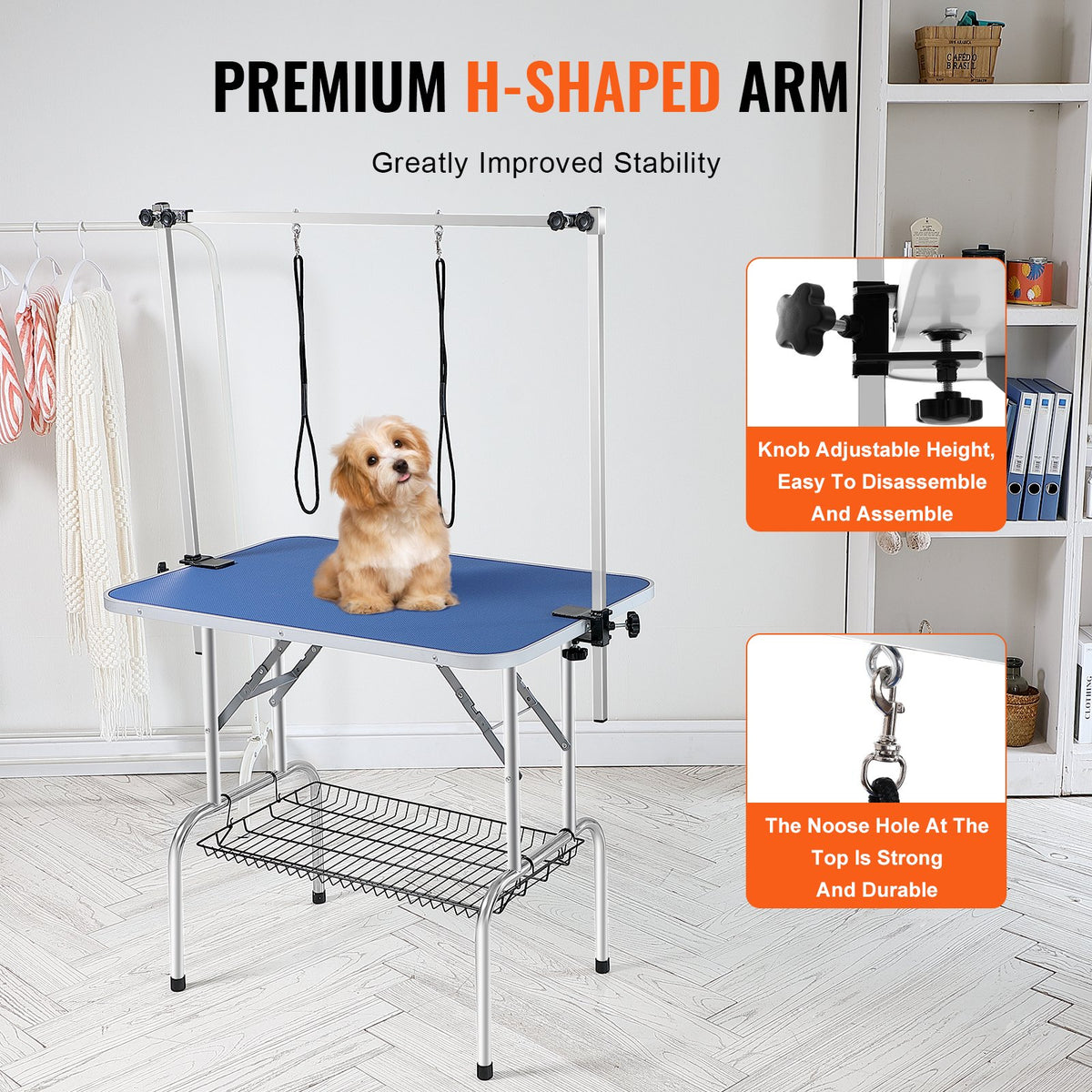VEVOR Pet Grooming Table Two Arms with Clamp, 915 x 610mm Dog Grooming Station, Foldable Pets Grooming Stand for Medium and Small Dogs, Free Two No Sit Haunch Holder with Grooming Loop, Bearing 150kg