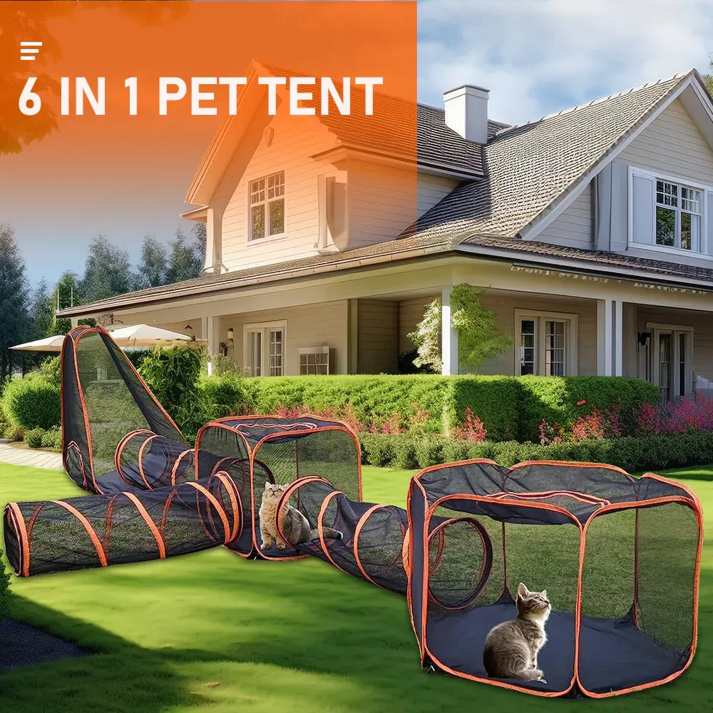 6 in1 Outdoor Portable Pet Cat Playpen Folding Pop Up Mesh Play Tent Tunnel House Enclosures Portable with Storage Bag for Indoor and Outdoor